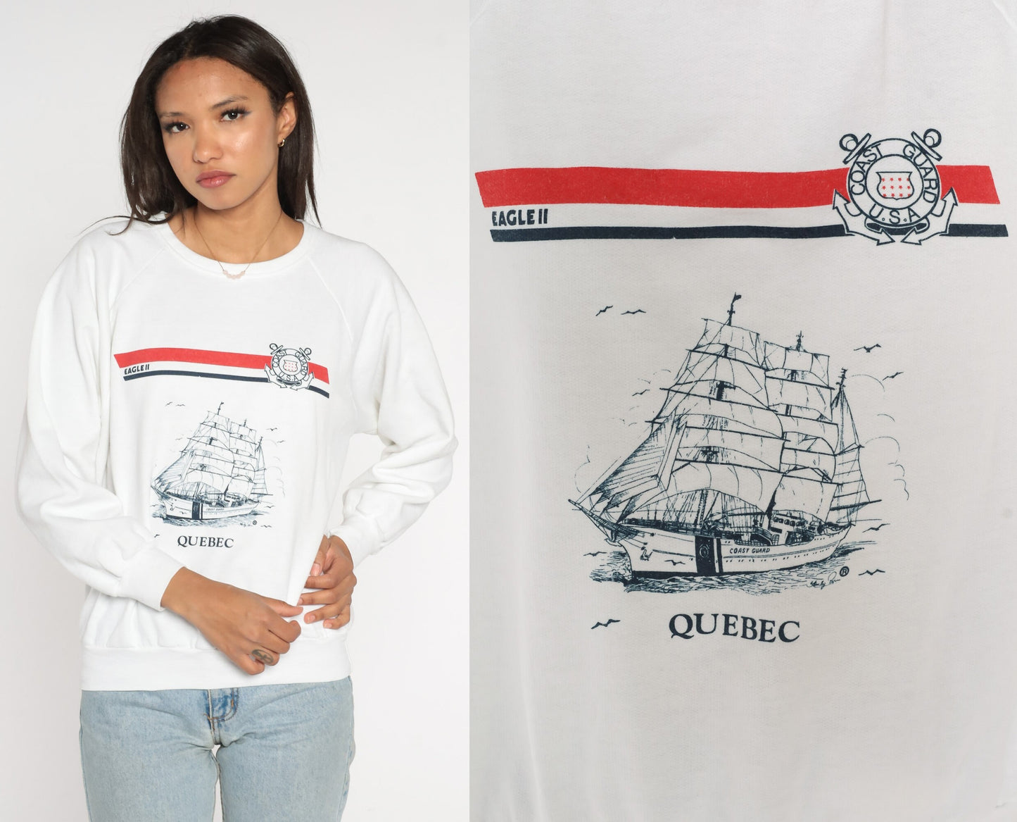 80s US Coast Guard Eagle II Sailboat Raglan Sweatshirt White Nautical Medium