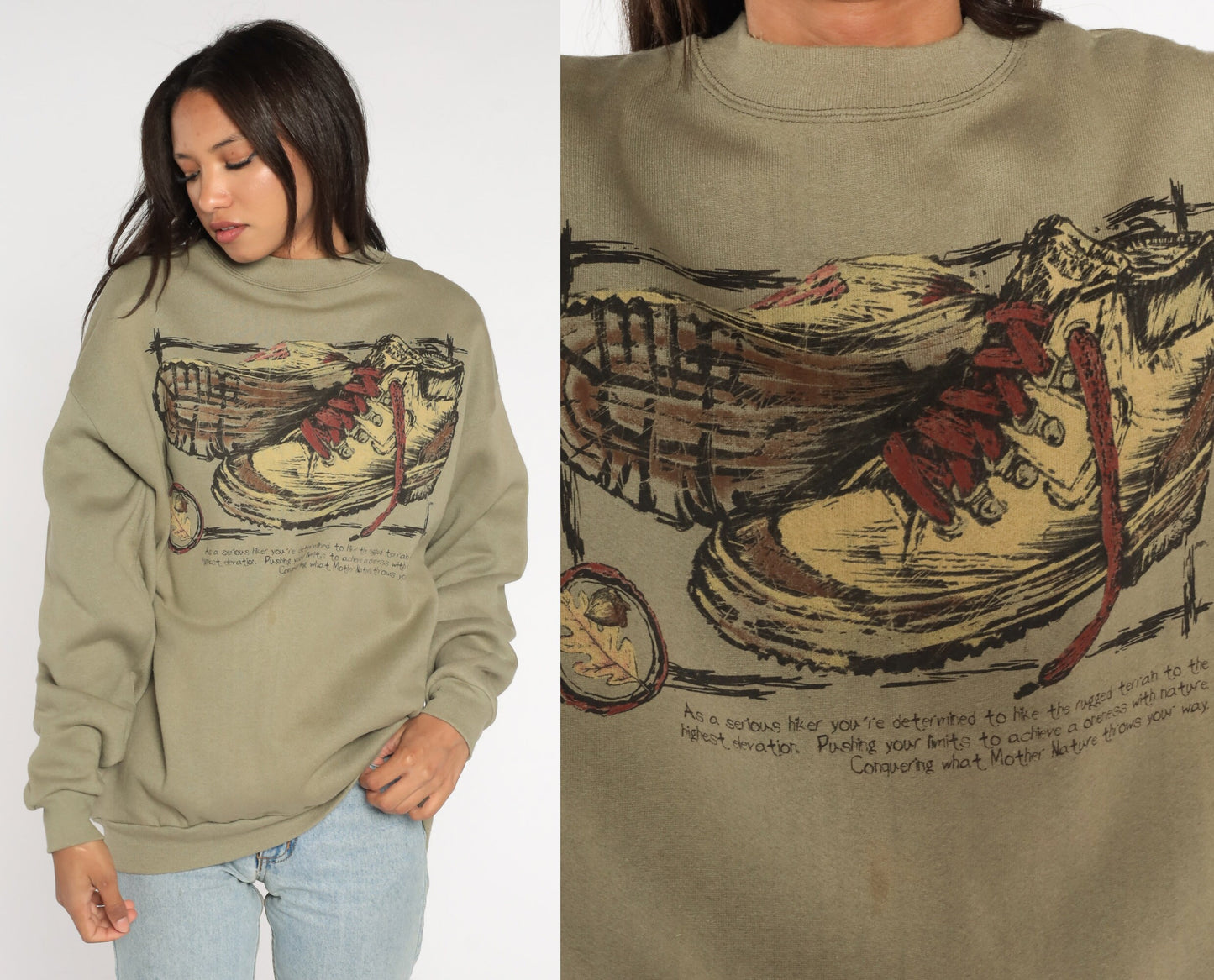 90s Hiking Boot Graphic Sweatshirt Taupe Drop Shoulder Crewneck Large L