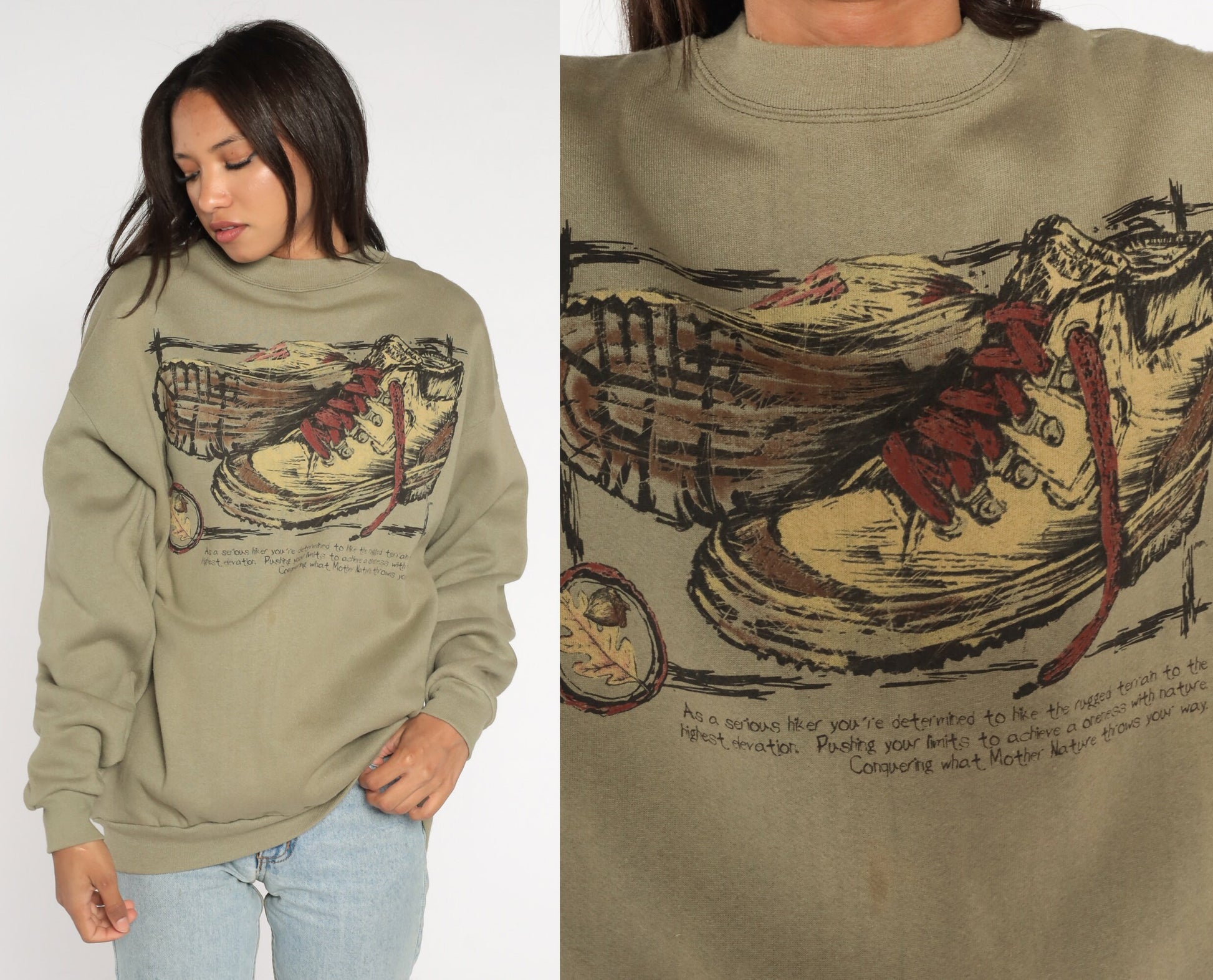 90s Hiking Boot Graphic Sweatshirt Taupe Drop Shoulder Crewneck Large L