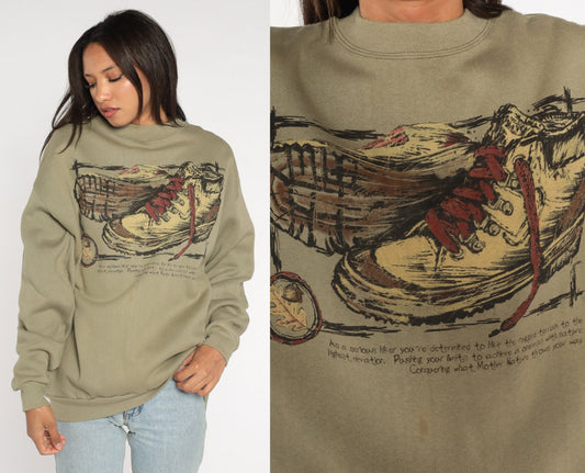 90s Hiking Boot Graphic Sweatshirt Taupe Drop Shoulder Crewneck Large L
