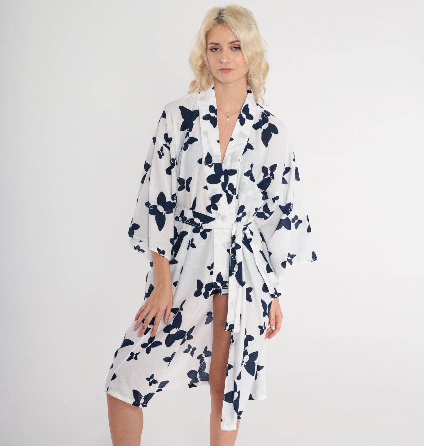 90s White Butterfly Kimono Robe Tie Front Cotton Mini Jacket Medium
