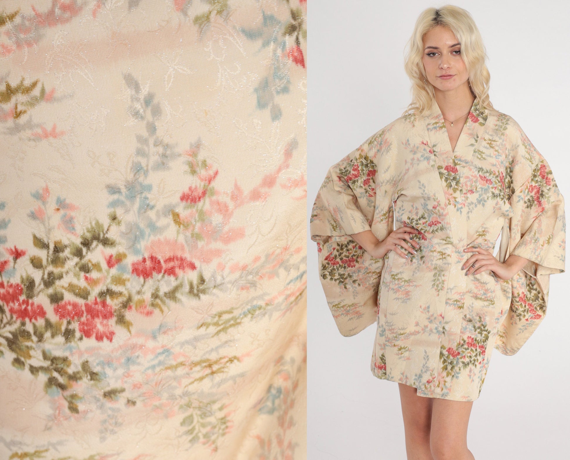 70s Metallic Floral Kimono Robe Cream Asian Print Mini Open Front Small Medium