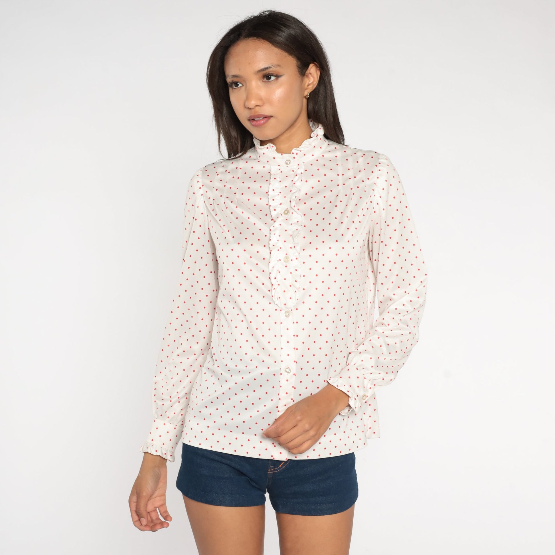 70s White Polka Dot Tuxedo Blouse Red Ruffle Puff Sleeve Button Up Medium