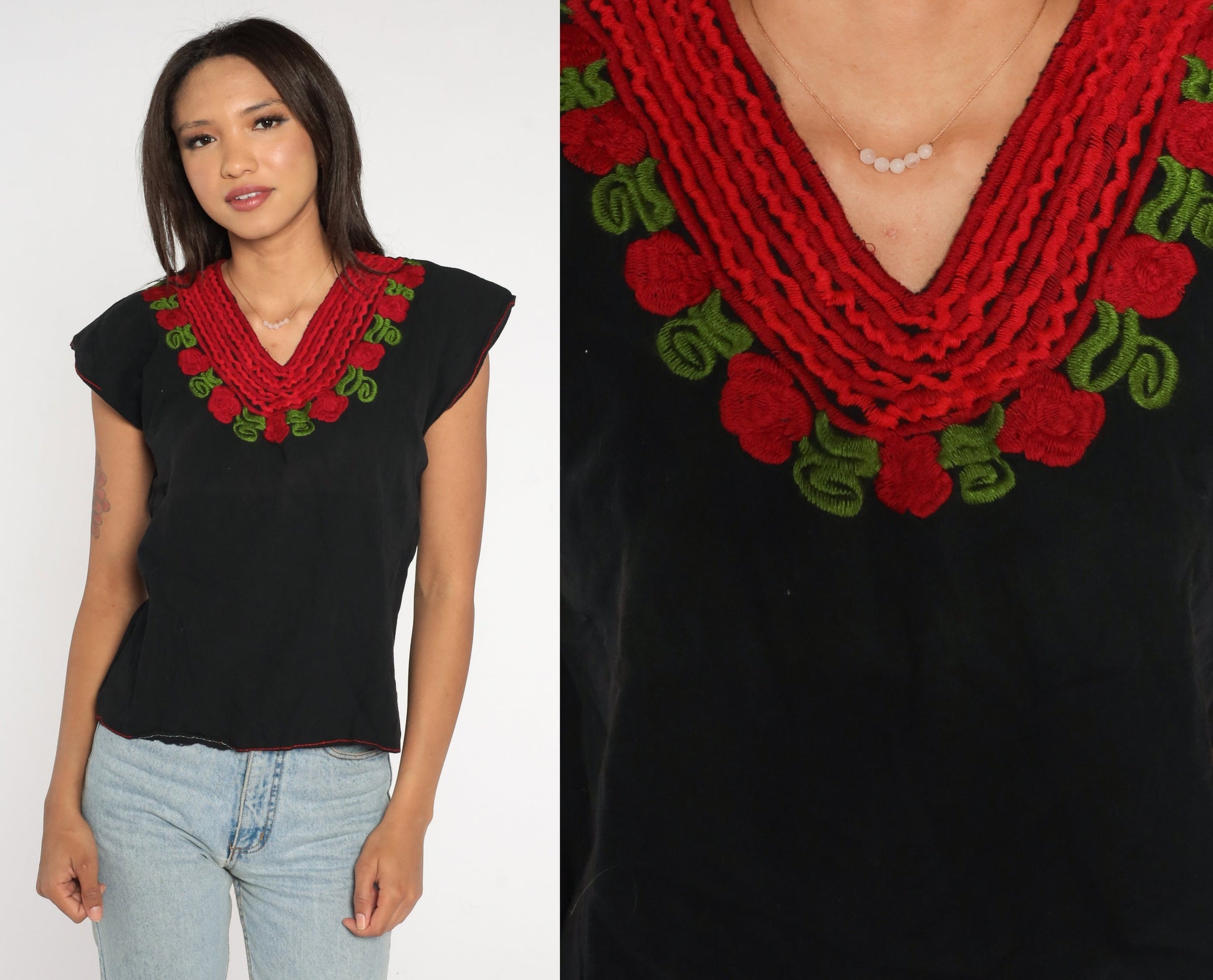 90s Mexican Embroidered Blouse Black Red Rose Tunic Cap Sleeve Medium