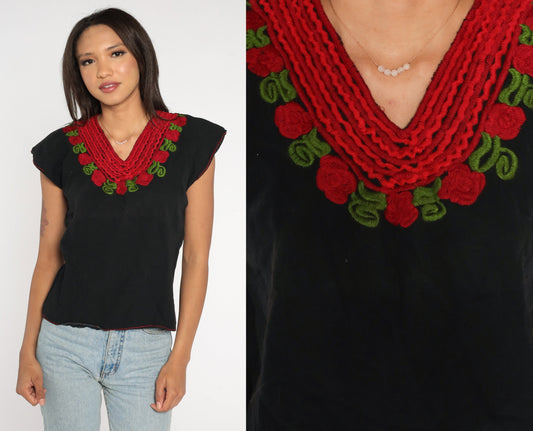 90s Mexican Embroidered Blouse Black Red Rose Tunic Cap Sleeve Medium