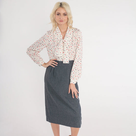 80s Polka Dot Ascot Midi Dress High Waisted Shirtwaist Grey White Medium