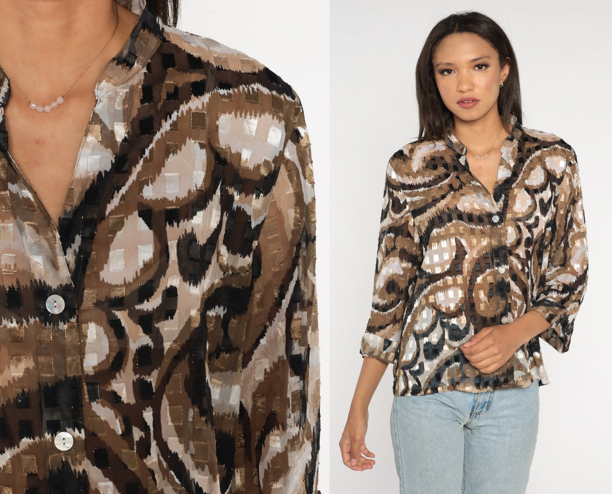 Y2K Ruby Road Blouse Metallic Swirl Print Black Brown White Button Up Medium