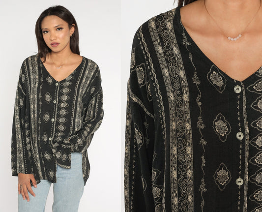 90s Black Striped Floral Rayon Button-Up Blouse Long Sleeve Small