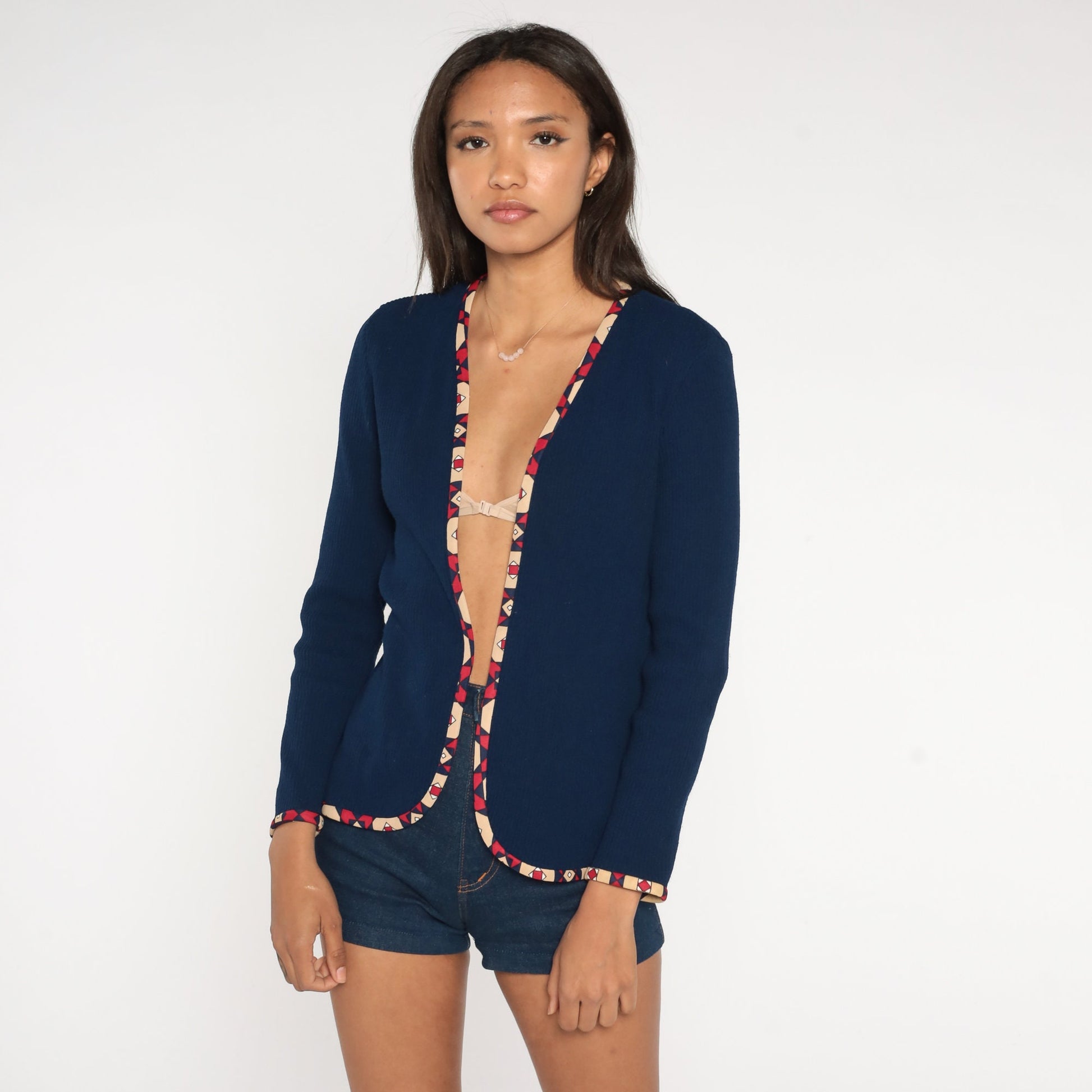 70s Navy Open Front Jacket Geometric Trim Lightweight Small