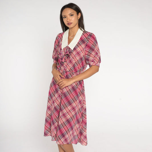 80s Purple Plaid Midi Dress Puff Sleeve Ascot Collar Small Medium