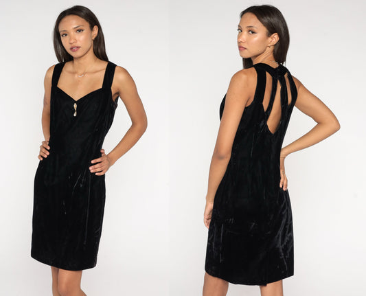 90s Jessica McClintock Black Velvet Mini Dress Beaded Sweetheart Neckline Medium