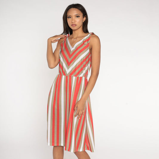 80s Striped Sundress Red Taupe White Sleeveless High Waist Tie Shoulder Small
