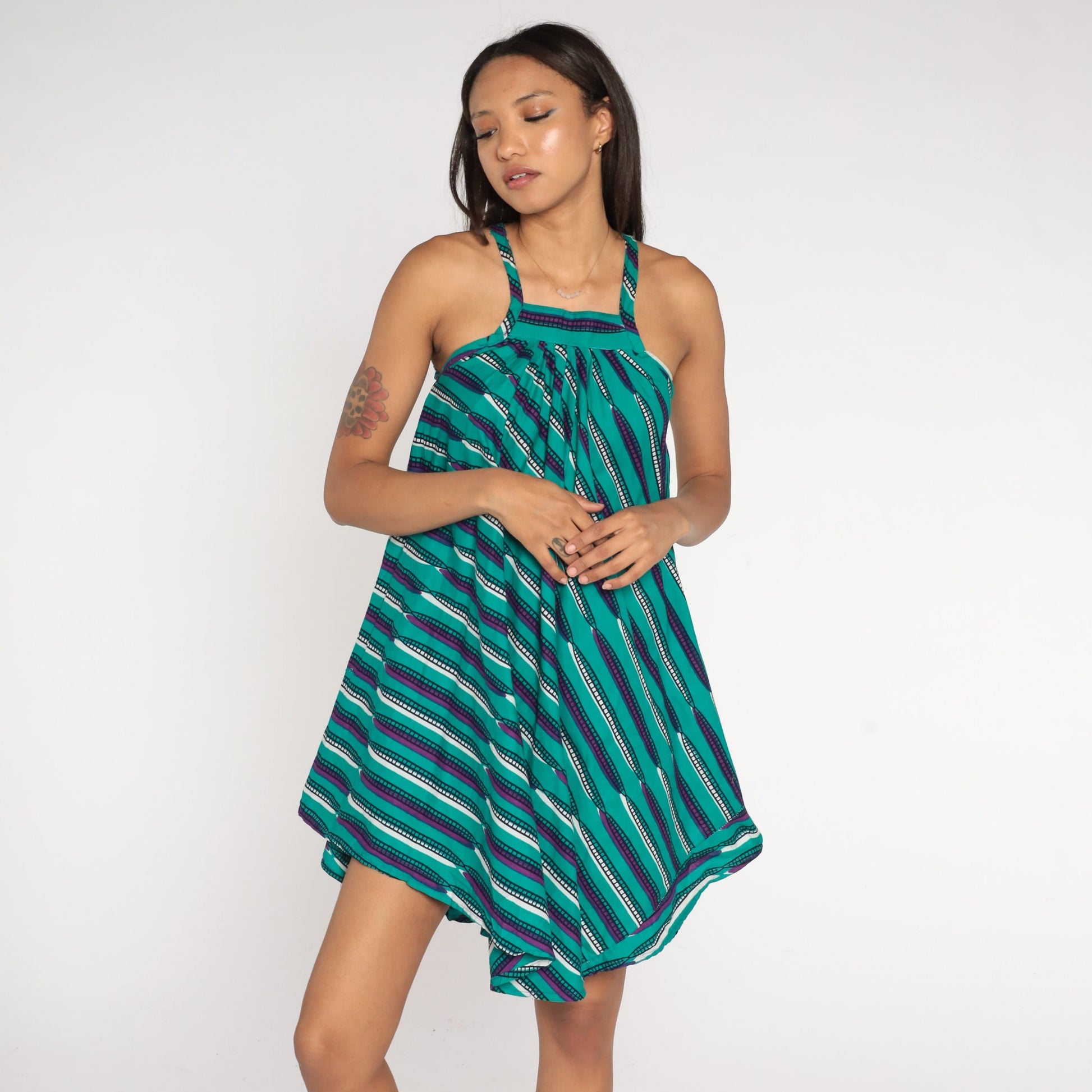 90s Turquoise Purple Striped Cotton Mini Sundress Tank Hanky Hem XXS