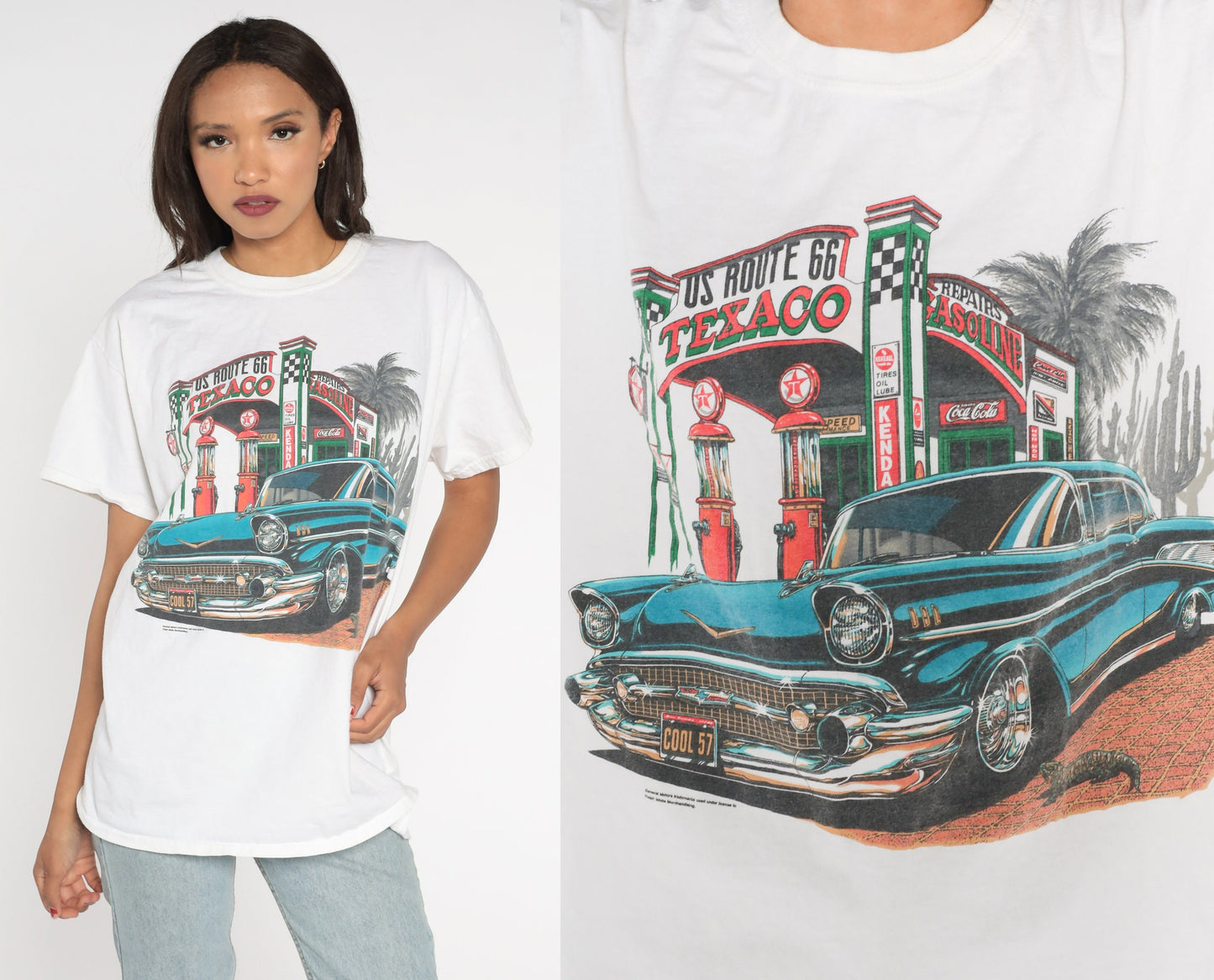 Y2K Route 66 Texaco Classic Car Graphic T-Shirt White Cotton Large L