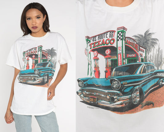 Y2K Route 66 Texaco Classic Car Graphic T-Shirt White Cotton Large L