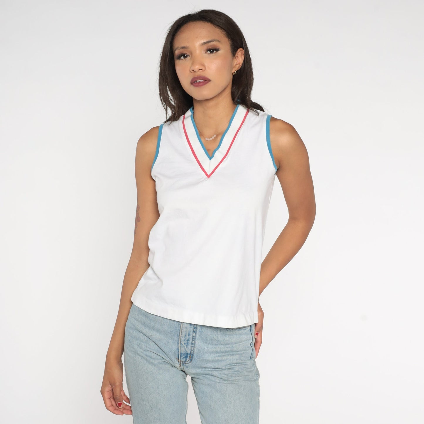 80s White Ringer Tank Top Red Blue Striped V-Neck Small