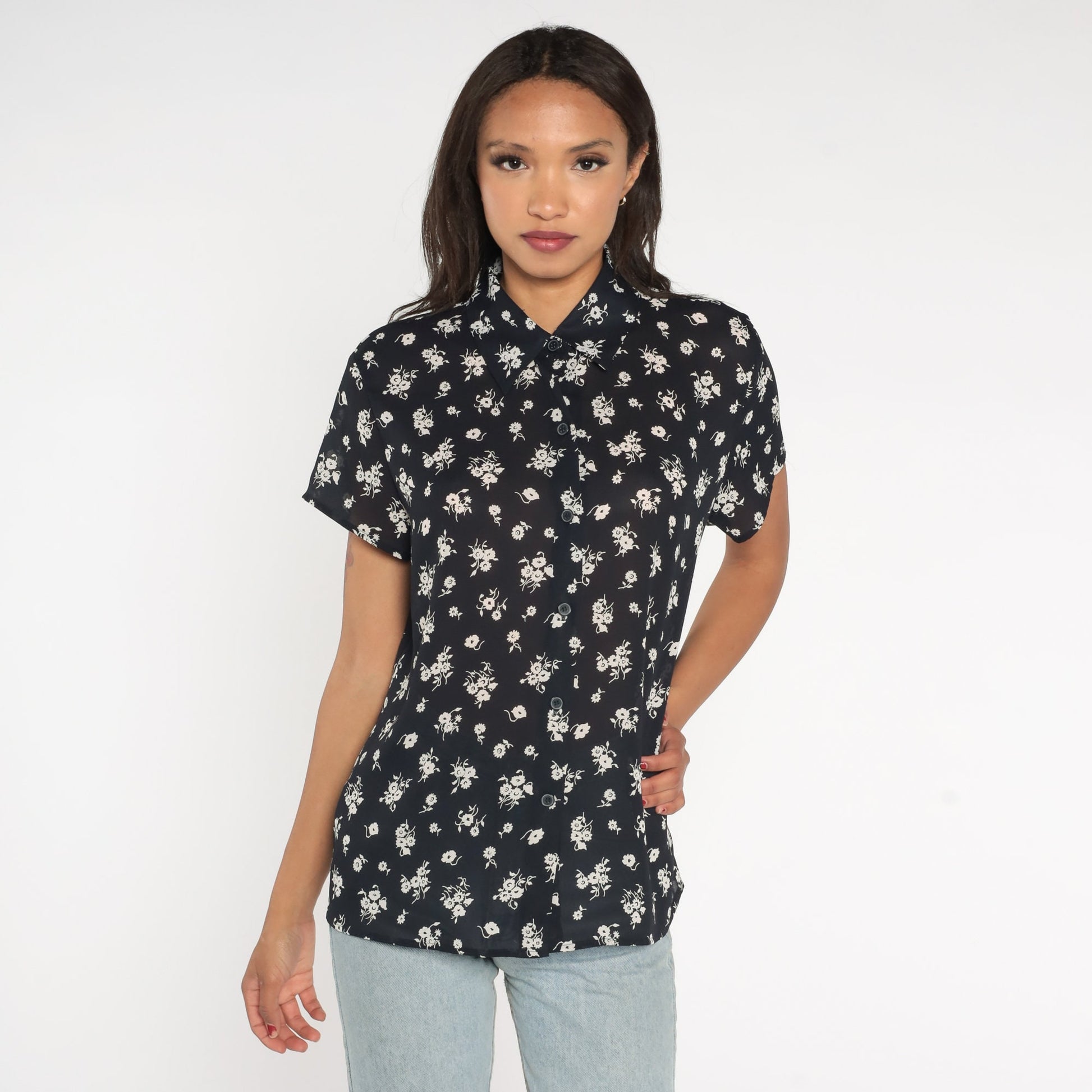 90s Chaus Black Floral Button-Up Blouse Short Sleeve Shirt Large L