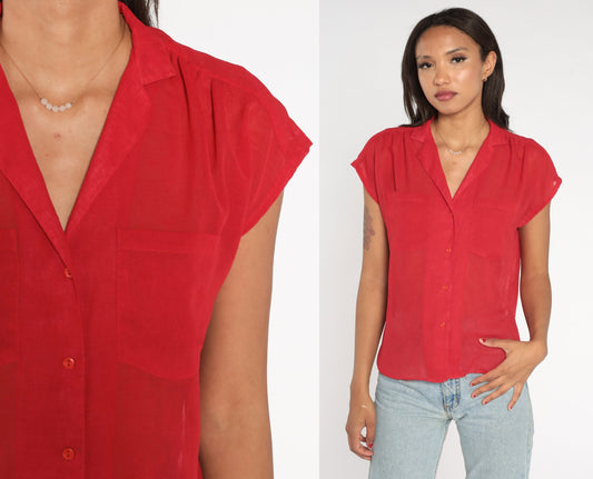 80s Red Sheer Button-Up Blouse Cap Sleeve Collared Shirt Medium