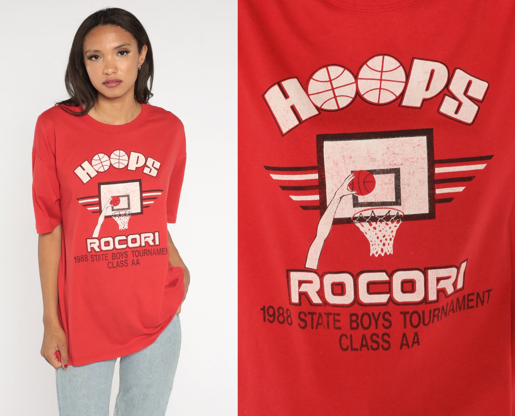 80s Rocori Hoops Basketball T-Shirt 1988 State Tournament Champs Red Extra Large