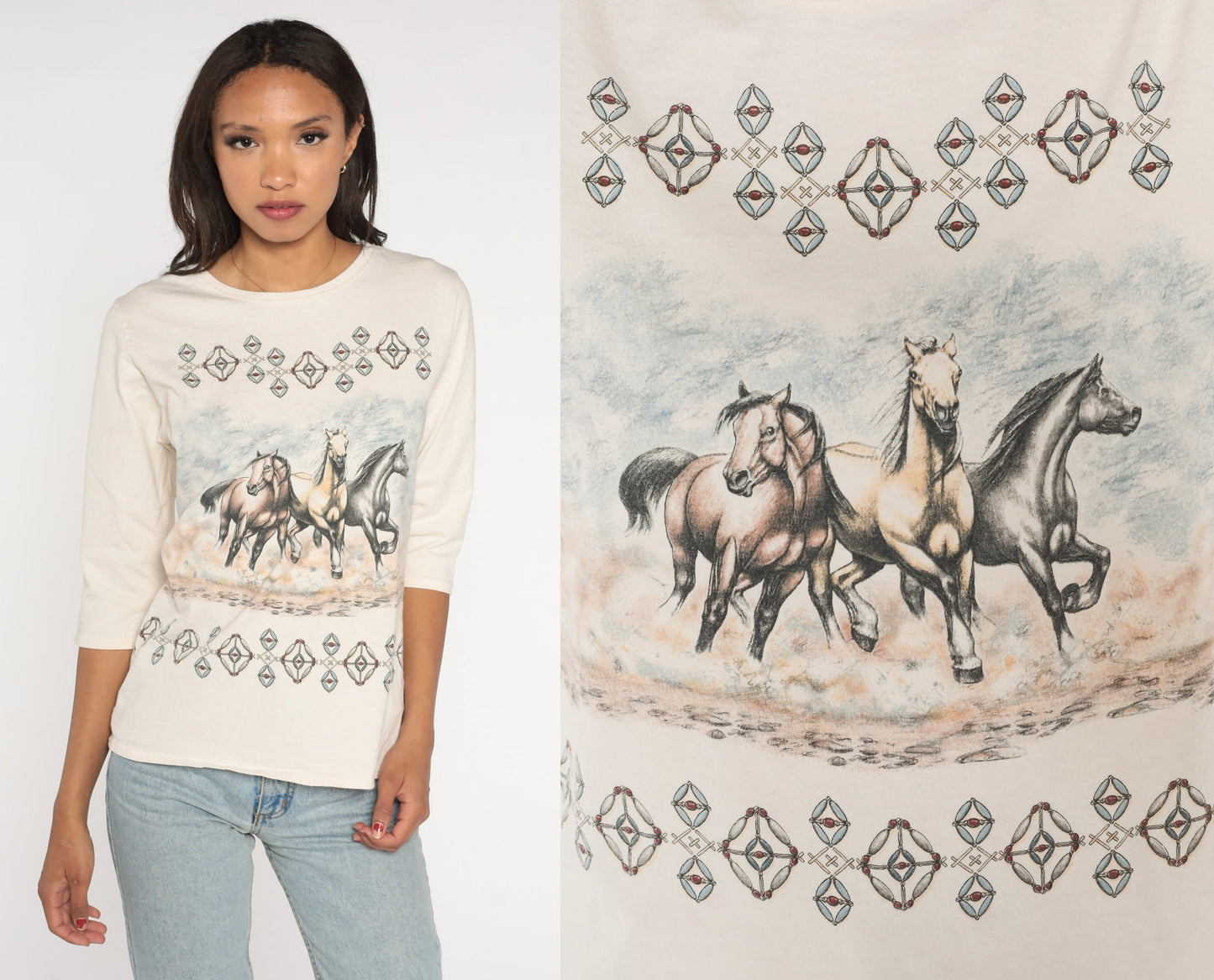 90s Wild Horses Graphic T-Shirt Turquoise Coral Beads Half Sleeve Small
