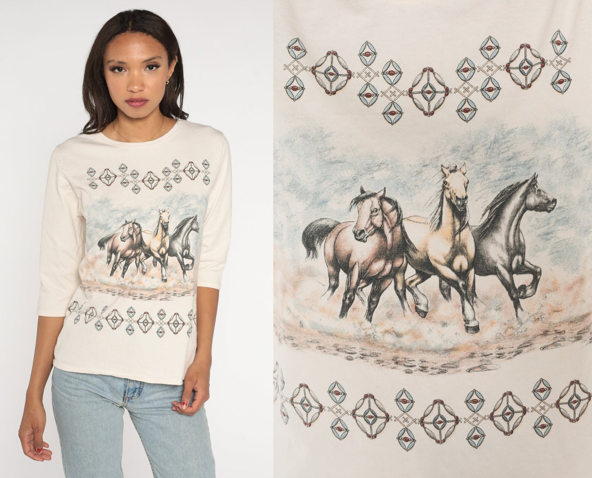 90s Wild Horses Graphic T-Shirt Turquoise Coral Beads Half Sleeve Small