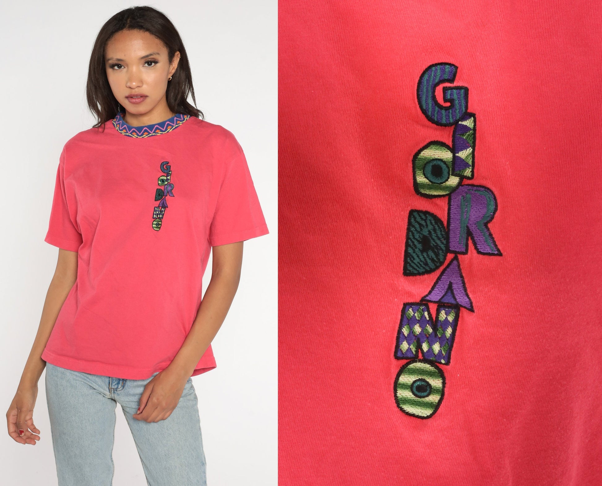 90s Giordano Embroidered Logo T-Shirt Pink Zig Zag Ringer Crewneck Medium
