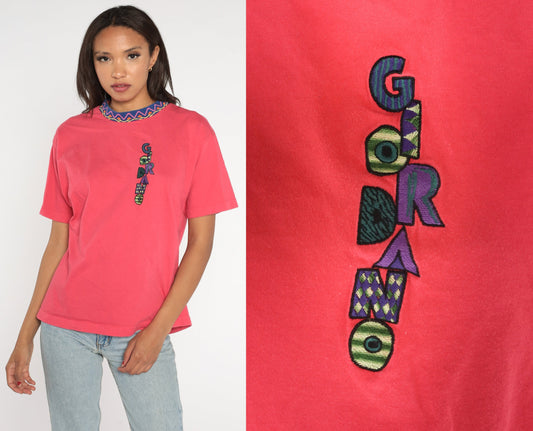 90s Giordano Embroidered Logo T-Shirt Pink Zig Zag Ringer Crewneck Medium