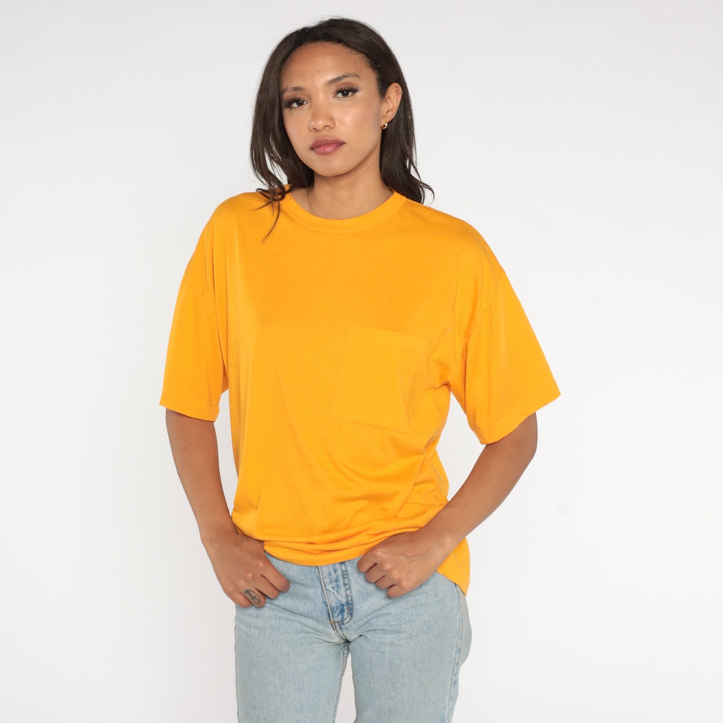 90s Yellow Pocket T-Shirt Cotton Blend Plain Tee Large L