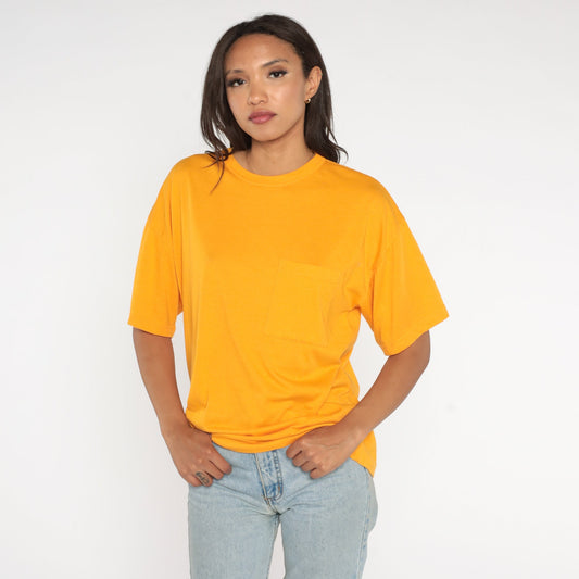 90s Yellow Pocket T-Shirt Cotton Blend Plain Tee Large L