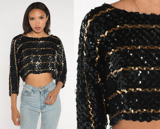 80s Black Gold Sequin Crop Top Long Dolman Sleeve Striped Blouse Medium