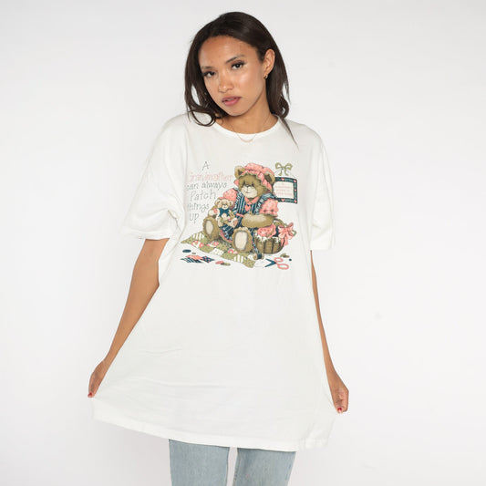 90s Teddy Bear Sewing Graphic T-Shirt White Grandmother Patch Extra Large XL