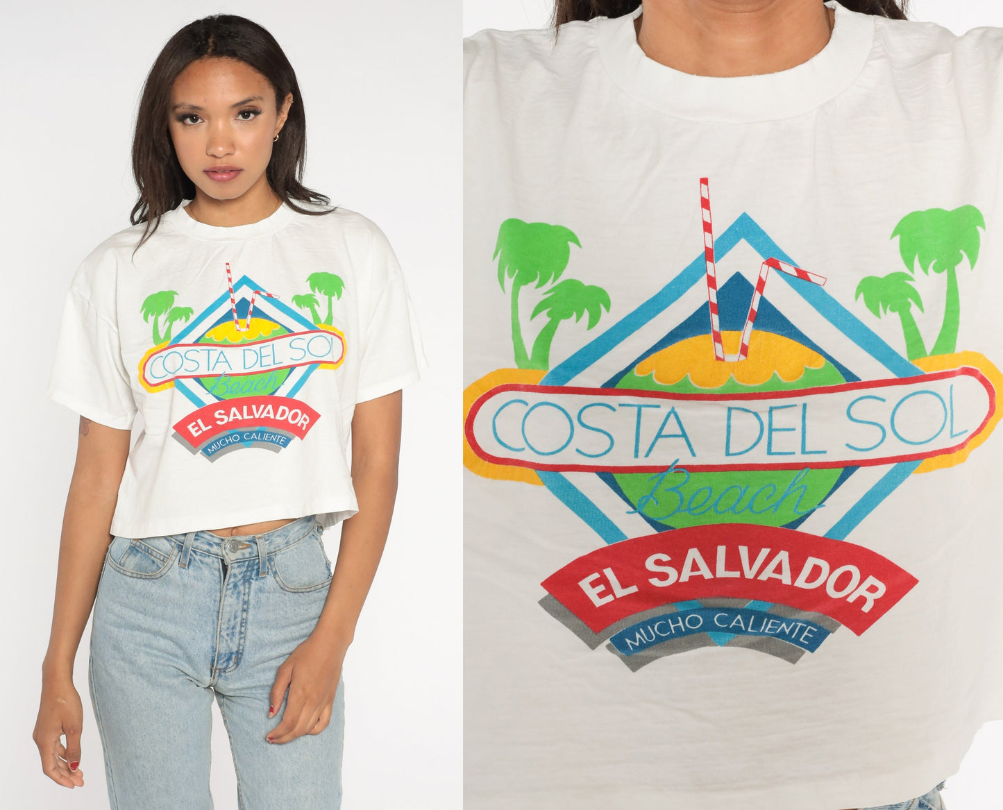 Y2K Costa Del Sol El Salvador Crop Top White Graphic Tee Small Medium