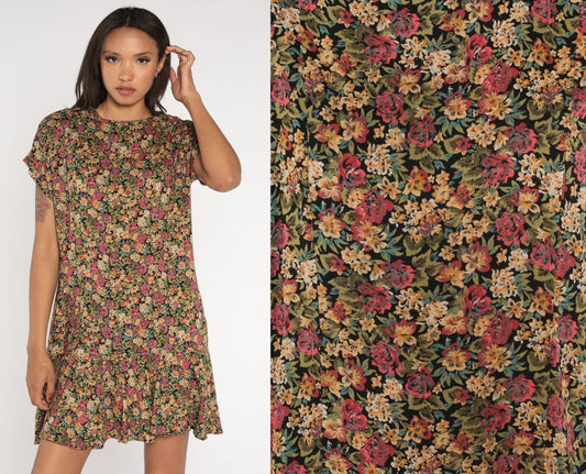 90s Floral Mini Dress Drop Waist Ruffle Short Sleeve Pink Green Large L
