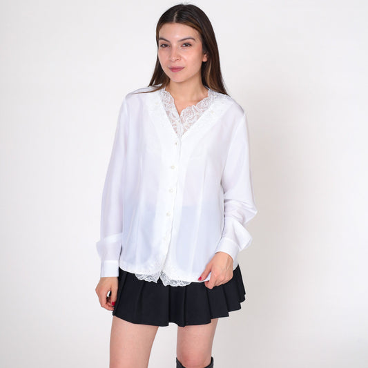 90s Kathie Lee White Beaded Lace Blouse Pearl Rhinestone Button Up Medium