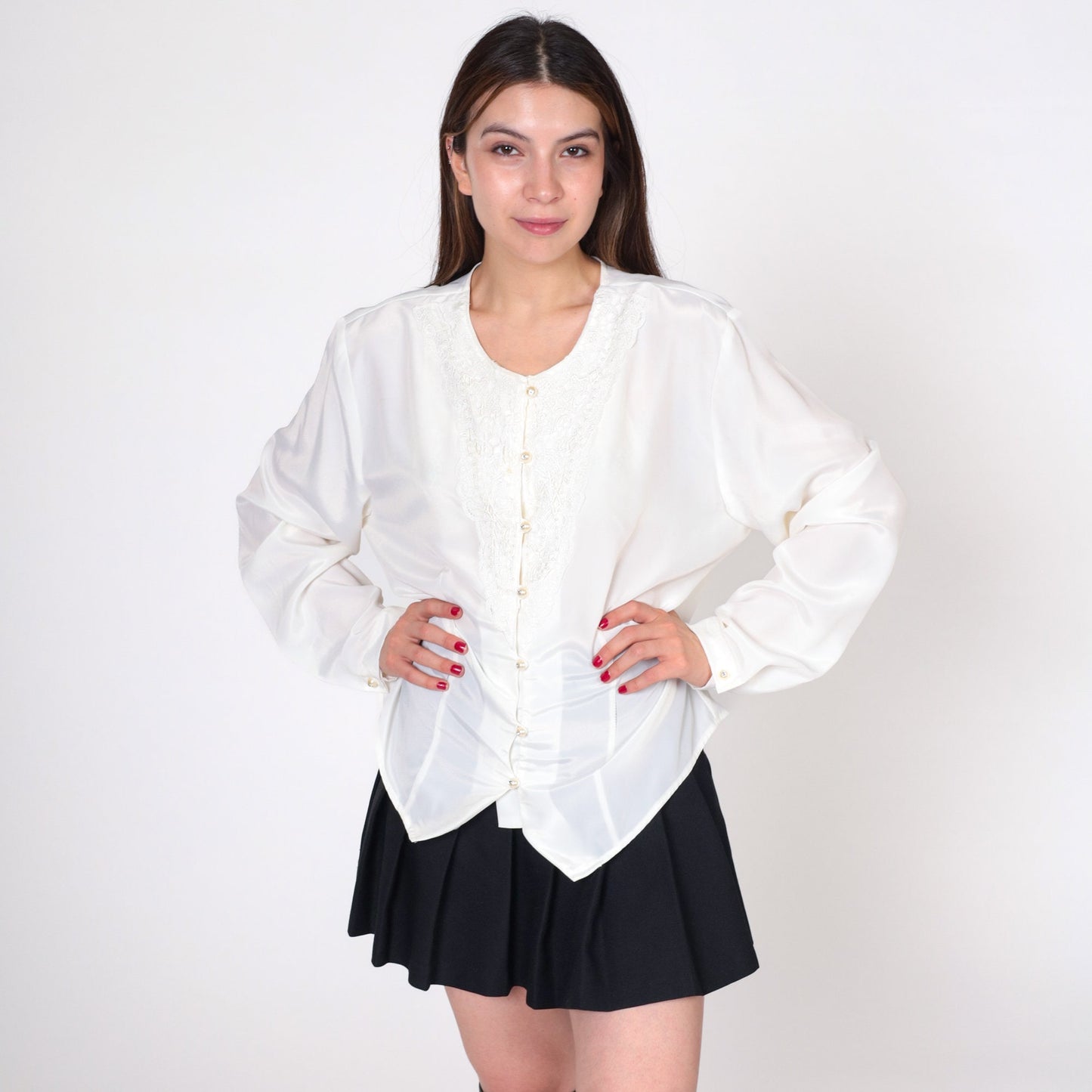 80s White Beaded Lace Blouse Pearl Rhinestone Button Up Long Sleeve Extra Large XL