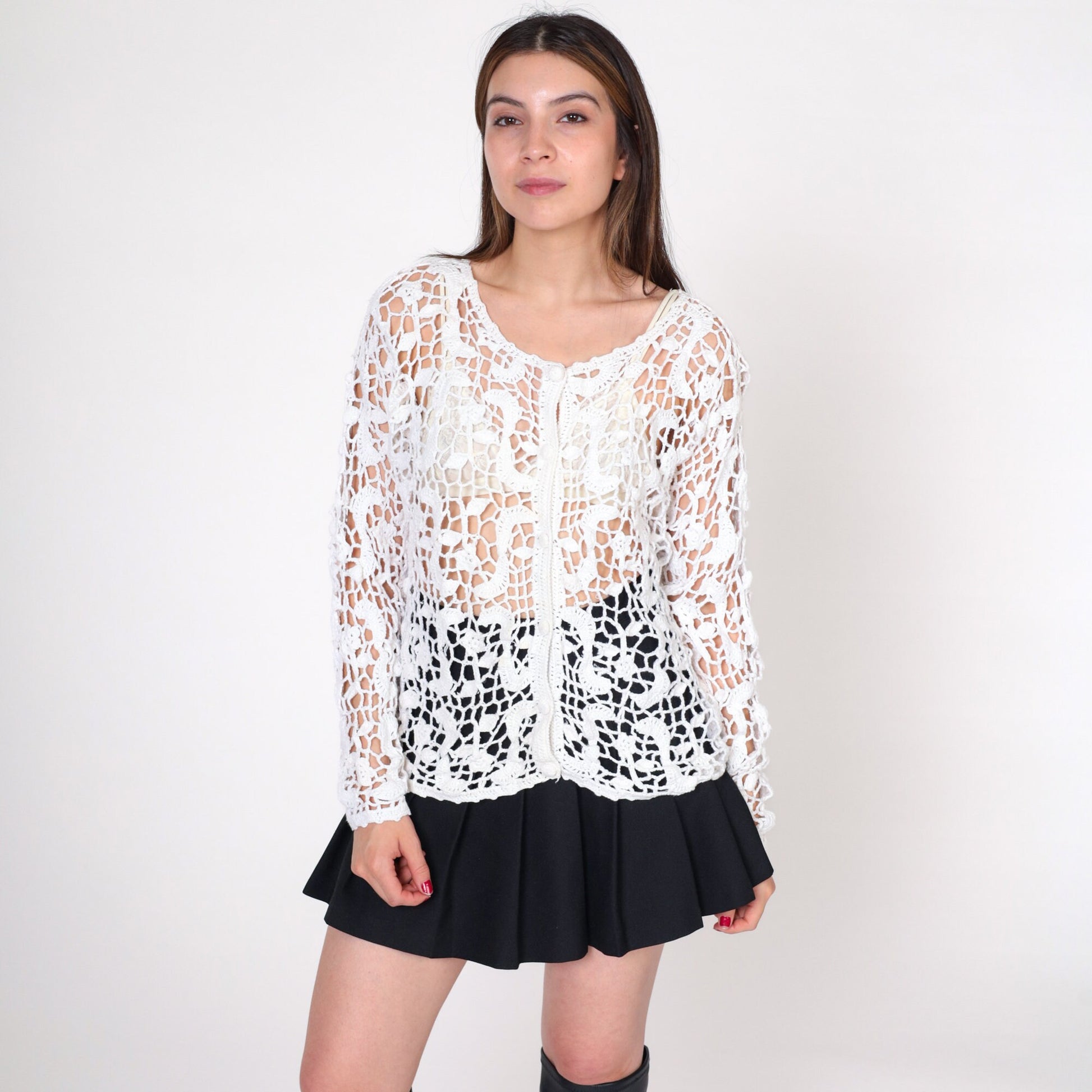 90s Forenza White Crochet Cardigan Open Weave Knit Button Up Small Medium