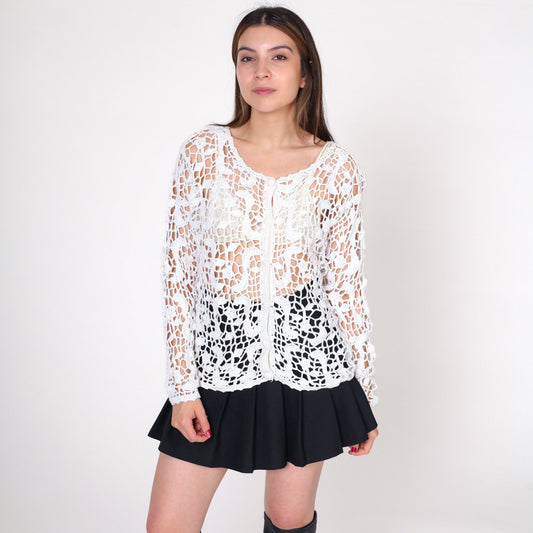 90s Forenza White Crochet Cardigan Open Weave Knit Button Up Small Medium