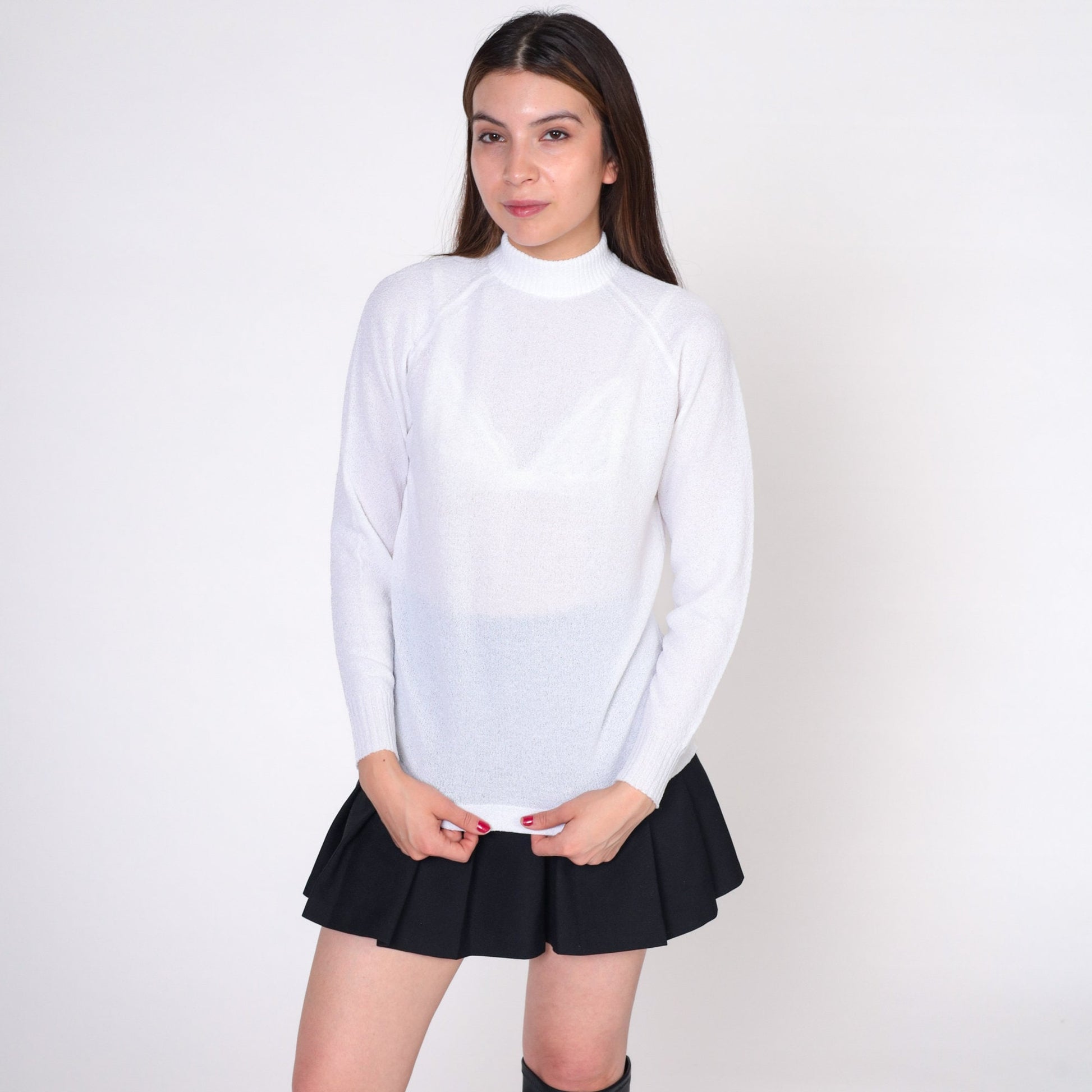 70s Talbott Traveler White Mock Neck Blouse Raglan Sleeve Small