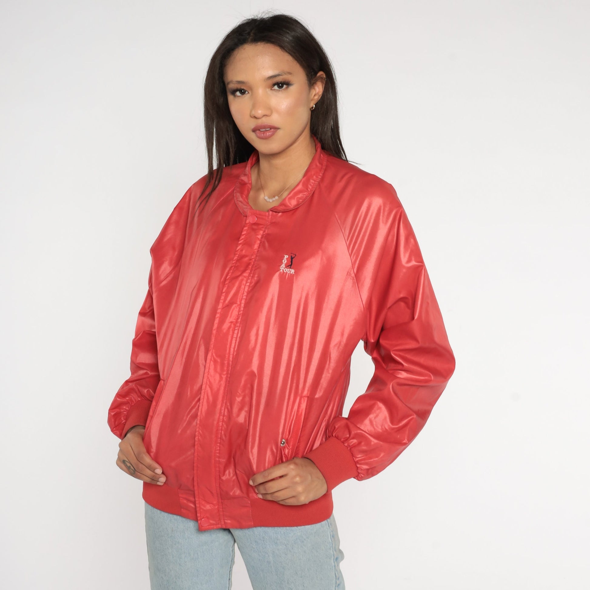 80s PGA Tour Bomber Jacket Red Nylon Raglan Windbreaker Medium