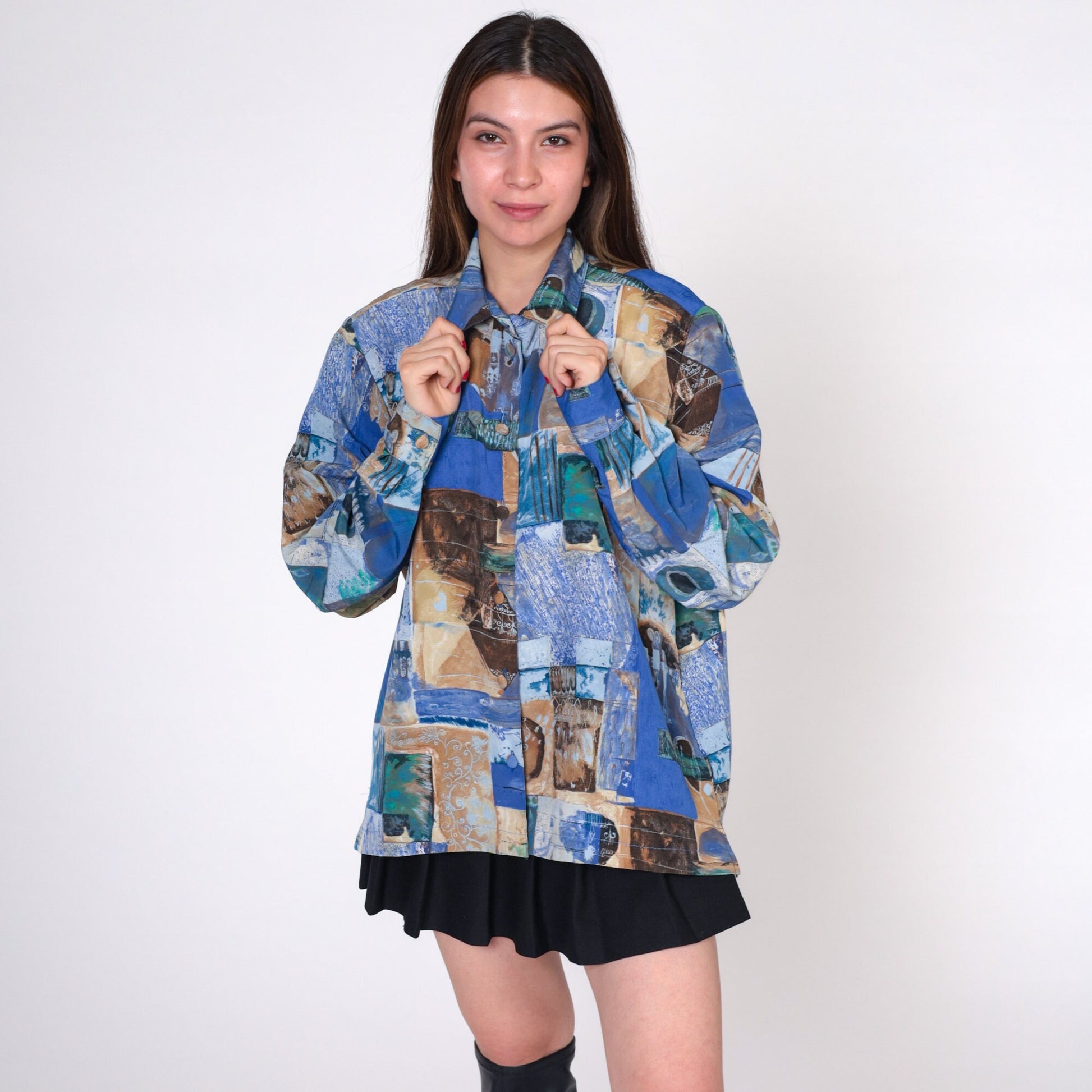 90s Abstract Patchwork Button-Up Shirt Blue Long Sleeve Extra Large