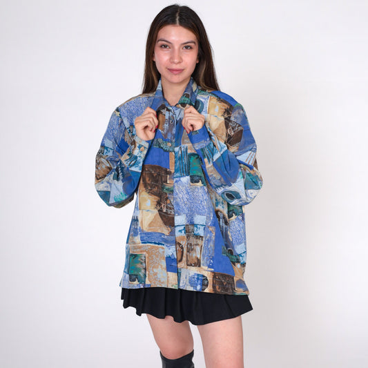 90s Abstract Patchwork Button-Up Shirt Blue Long Sleeve Extra Large