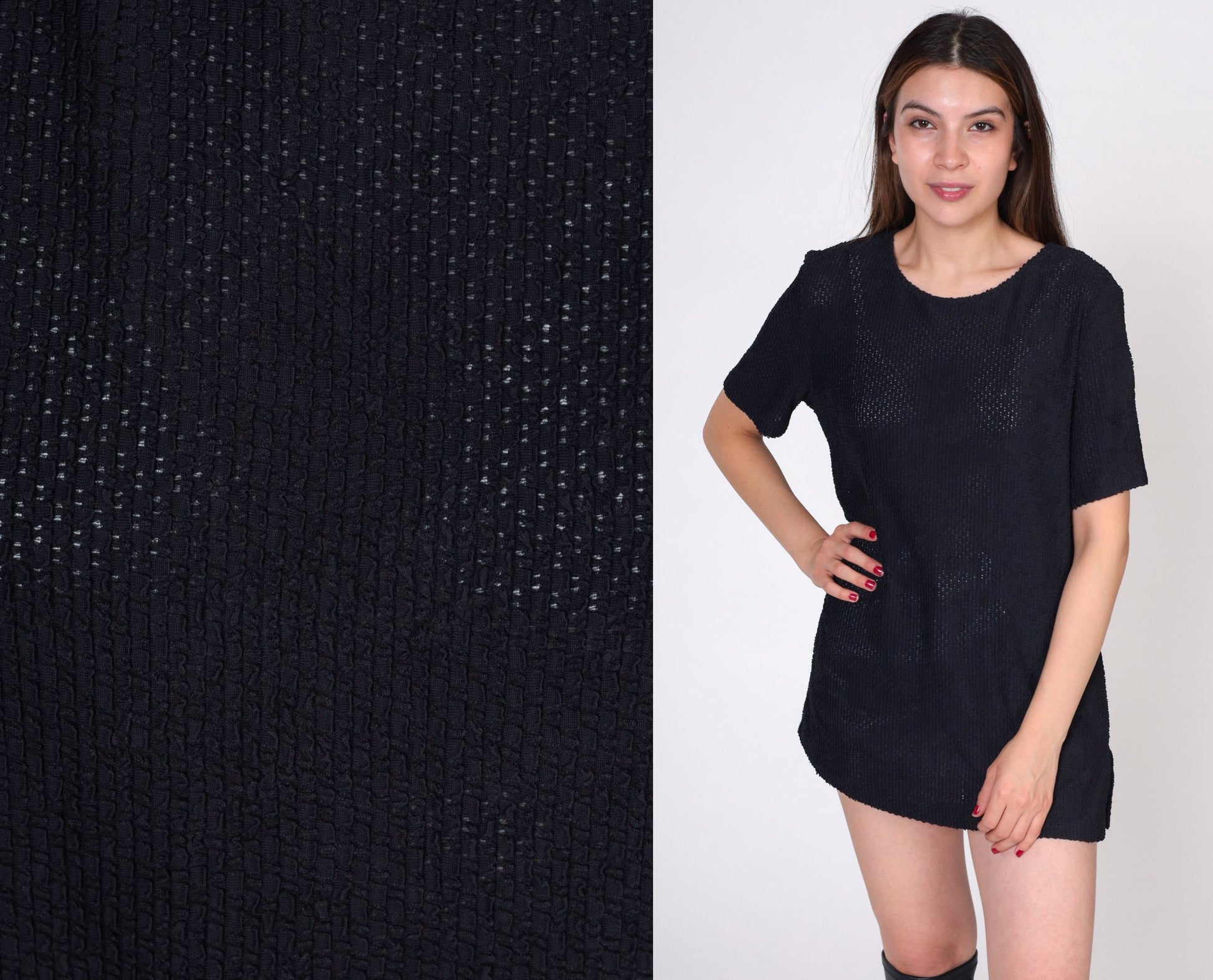 90s Black Sheer T-Shirt Textured Crewneck Short Sleeve Medium