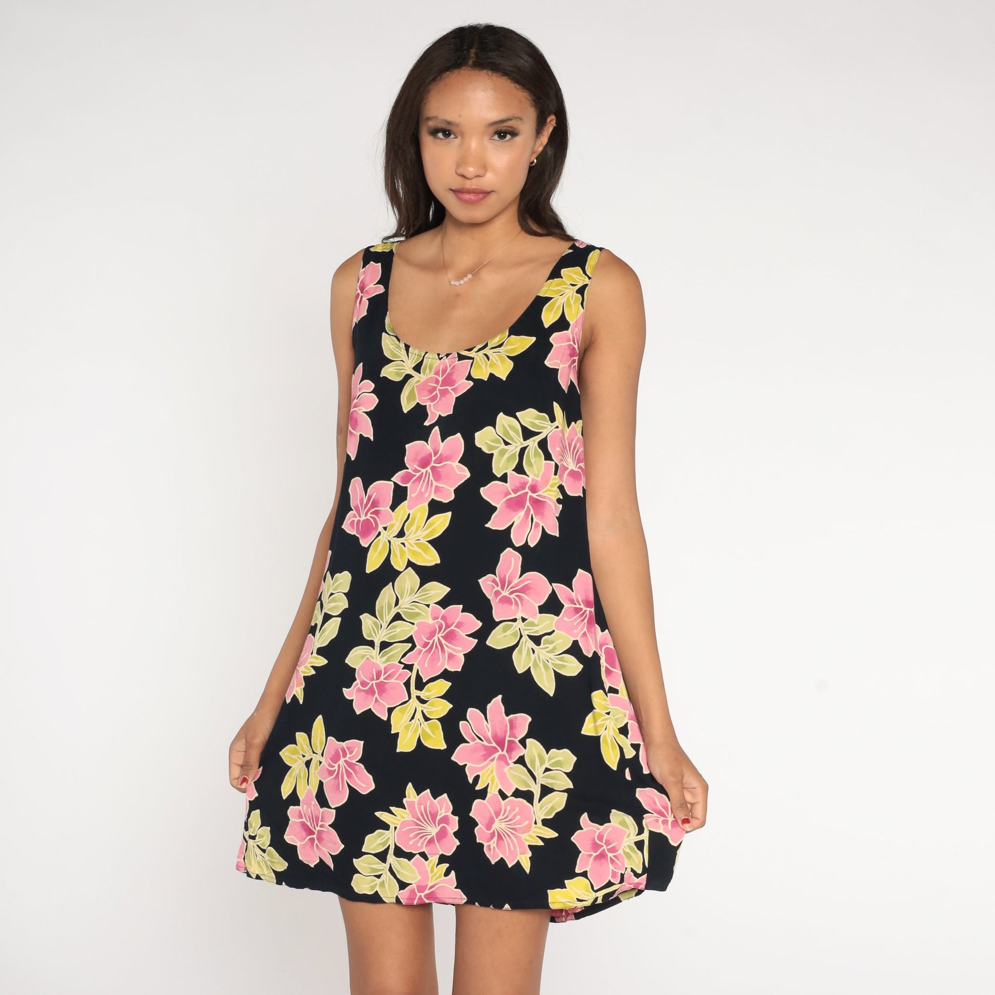 90s Black Tropical Floral Mini Dress Sleeveless Sundress Hibiscus Large L