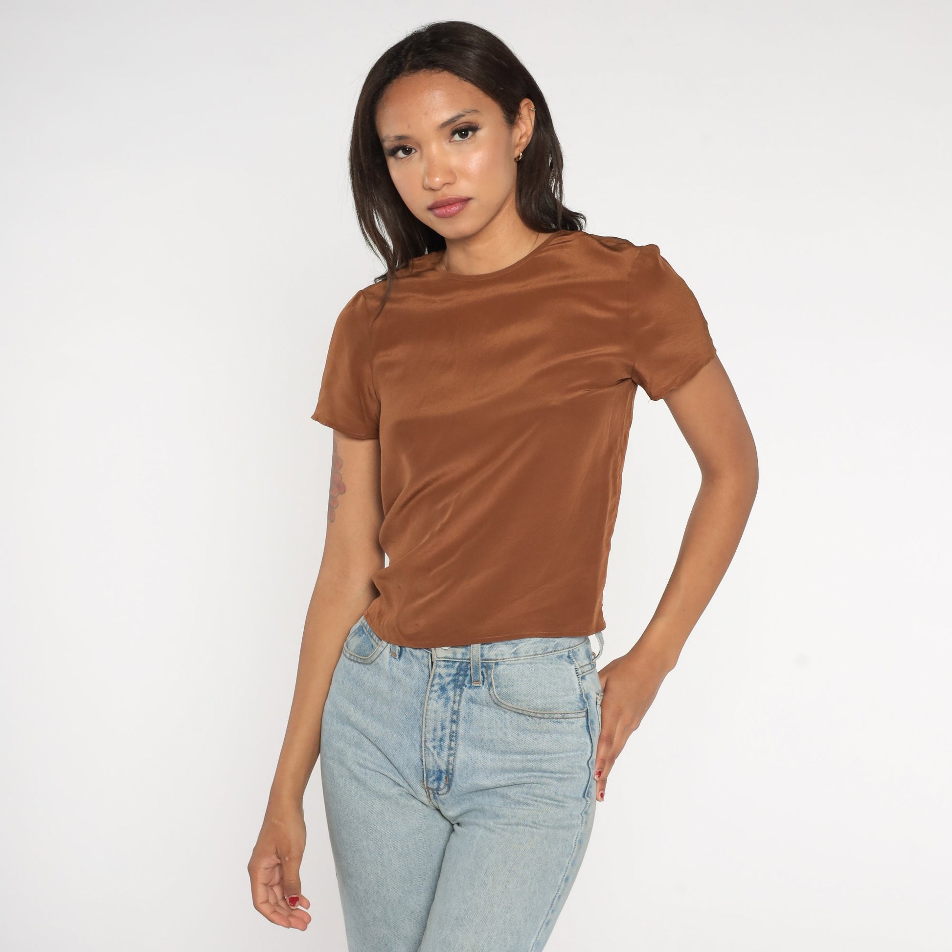 80s Brown Shiny Blouse Short Sleeve Crewneck Small