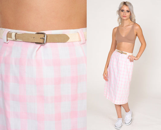 60s Pink Gingham Midi Skirt High Waisted Belted Pencil Extra Small XS