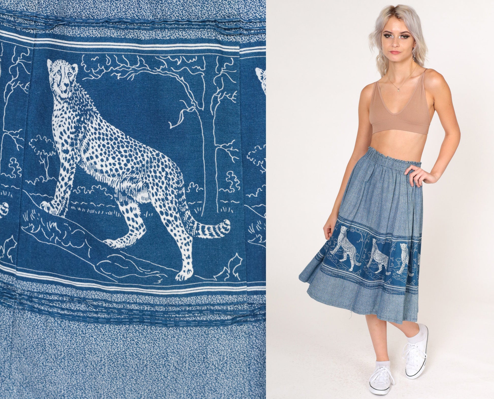 80s Leopard Print Midi Skirt Blue Jungle Cat A-Line High Waist Extra Small