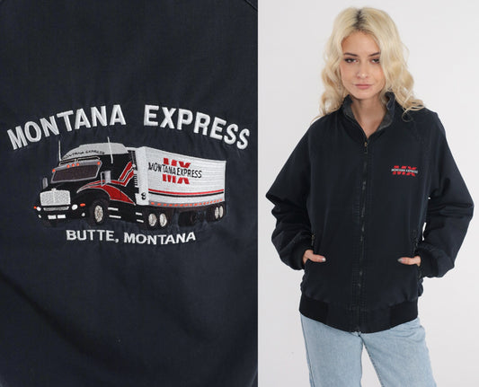 90s Montana Express Trucker Jacket Black Fleece Lined Windbreaker Small