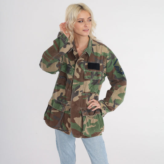 90s Camouflage Army Shirt Button Up Cargo Pockets Green Men's Medium