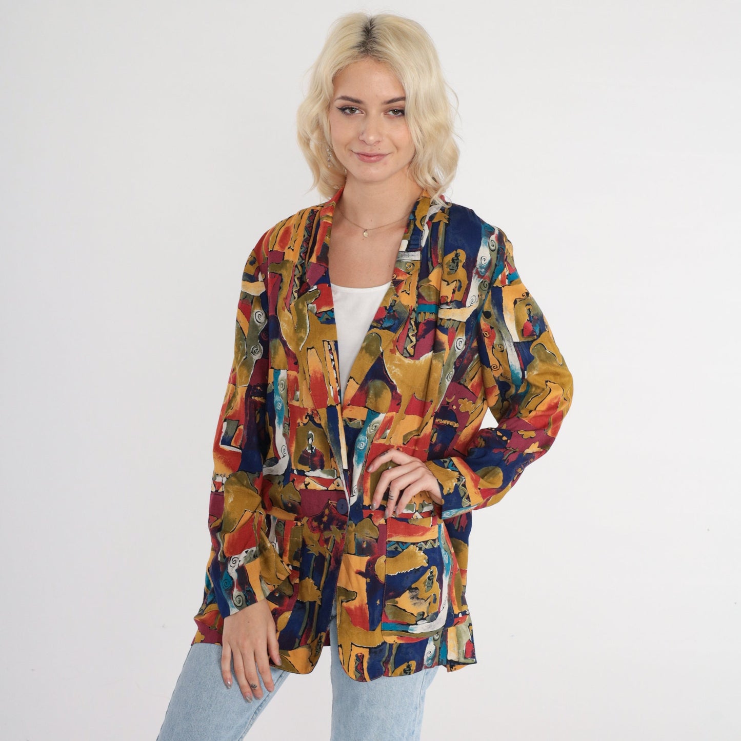 90s Camel Abstract Print Blazer Jacket Colorful Button-Up Collared Small S