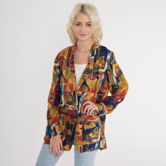 90s Camel Abstract Print Blazer Jacket Colorful Button-Up Collared Small S